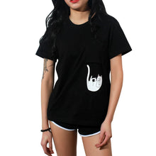 2017 Summer T-shirt Women Casual Lady Top Tees Cotton Tshirt Female Brand Clothing T Shirt Printed Pocket Cat Top Cute Tee S-4XL