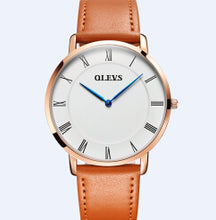 OLEVS Simple Ultra Thin Quartz Watch For Men Roman Numerals Rose Gold Color Case Brown Leather Strap Waterproof Wristwatch 5870