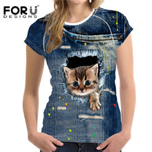 FORUDESIGNS 3D Jeans t-shirt Women tshirt Brand Clothes Harajuku Cat Fashion Tops Tees Blusa Female kawaii T Shirt Girl crop top