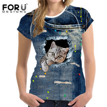 FORUDESIGNS 3D Jeans t-shirt Women tshirt Brand Clothes Harajuku Cat Fashion Tops Tees Blusa Female kawaii T Shirt Girl crop top