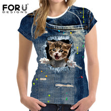 FORUDESIGNS 3D Jeans t-shirt Women tshirt Brand Clothes Harajuku Cat Fashion Tops Tees Blusa Female kawaii T Shirt Girl crop top