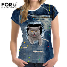 FORUDESIGNS 3D Jeans t-shirt Women tshirt Brand Clothes Harajuku Cat Fashion Tops Tees Blusa Female kawaii T Shirt Girl crop top