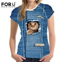FORUDESIGNS 3D Jeans t-shirt Women tshirt Brand Clothes Harajuku Cat Fashion Tops Tees Blusa Female kawaii T Shirt Girl crop top