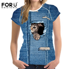 FORUDESIGNS 3D Jeans t-shirt Women tshirt Brand Clothes Harajuku Cat Fashion Tops Tees Blusa Female kawaii T Shirt Girl crop top