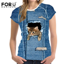 FORUDESIGNS 3D Jeans t-shirt Women tshirt Brand Clothes Harajuku Cat Fashion Tops Tees Blusa Female kawaii T Shirt Girl crop top
