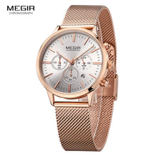 Megir Women's Chronograph Luminous Hands Date Indicator Stainless Steel Mesh Strap Quartz Wrist Watches Lady Rose Gold M2011L-1