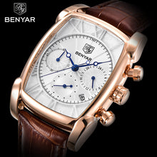 BENYAR Classic Rectangle Case Fashion Sport Chronograph Men's Watches Waterproof 30M Genuine Leather Strap Luxury Quartz Watch